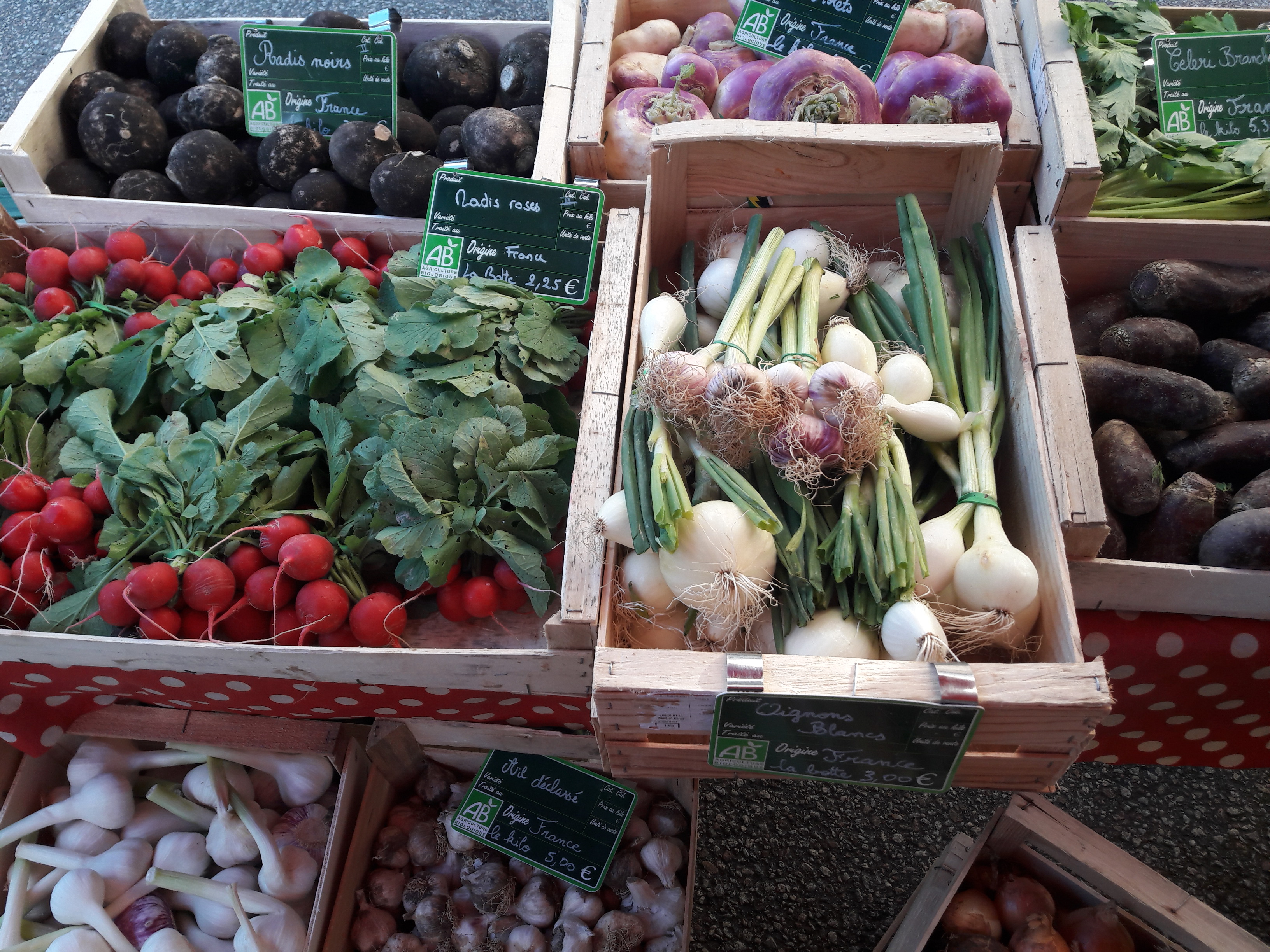 Un étalage de fruits et légumes de printemps, épicerie itinérante bio en Limousin, Nouvelle-Aquitaine